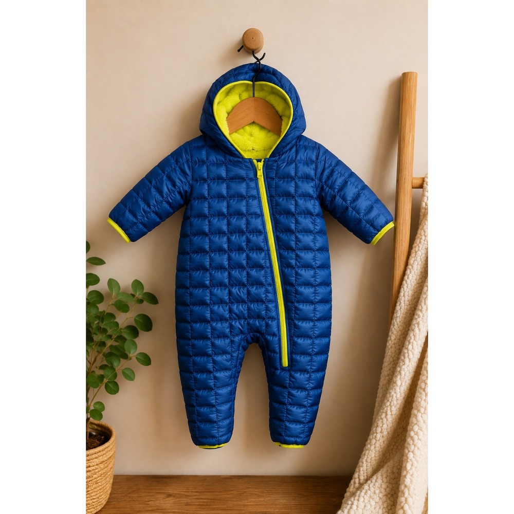 Baby 9-12M Quilted Snowsuit Fleece Lined Hooded One Piece Blue Winter Bunting